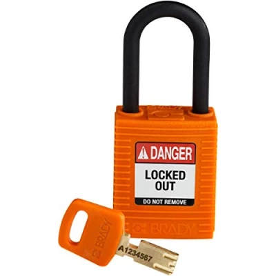 Image de Brady (NYL ORG 38PL KD) Cadenas de condamnation SafeKey Nylon avec anse en 38.00 mm Orange KD Clé différente 1 Pièce(s)