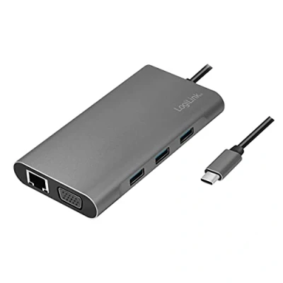Image de Logilink UA0383 Station d&#039;accueil USB 3.2 (Gen 1) avec 10 Ports et PD (Power Delivery) 100 W, 1 C (PD) / 3 3.0/1 HDMI VGA RJ45 microSD SD Audio 3,5 mm Argenté
