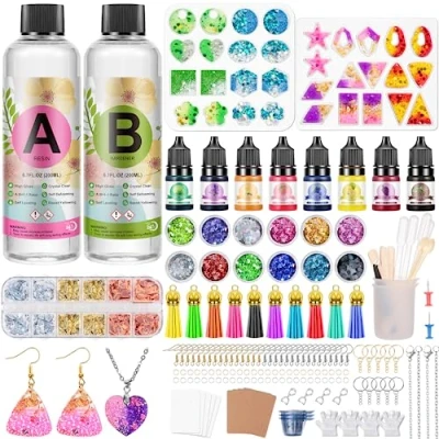 Image de JIDJIX 400ml Kit Resine Epoxy Transparente Complet Débutant avec Moule, Colorant, Paillettes, pour Fabrication de Bijoux, Boucle d&#039;oreille, Collier, Porte clés