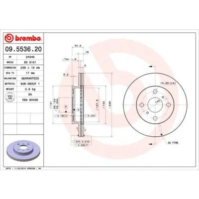Image de BREMBO 09.5536.20 Disque de frein 238 18 4 ventilé l&#039;intérieur TOYOTA: Starlet V 3/5 portes, Paseo Coupe, IV portes