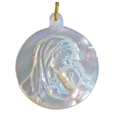 Image de LES POULETTES BIJOUX Pendentif Nacre Ronde Vierge à l&#039;enfant