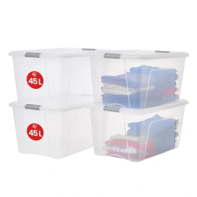 Image de Iris Ohyama, Boite Rangement Plastique avec Couvercle, 45L, Lot de 4, Argent, Clips Fermeture, Poignée,Empilable, Organisation Solide &amp; Durable, pour Chambre, Dressing, Bureau, NTB 45