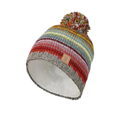 Image de Bonnet à pompon en laine pour femme avec doublure polaire tricotée la main Rouge Multicolore Taille unique Fait Pachamama Commerce équitable