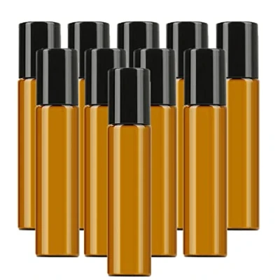 Image de NA Lot de 10 flacons roller rechargeables en verre ambré marron avec billes acier inoxydable ml