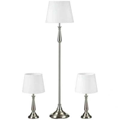 Image de HOMCOM Set de 3 lampes, y compris 2 lampes table, 1 lampadaire, au design vintage, lampadaire et lampe table avec culot E27 pour salon, chambre à coucher, crème