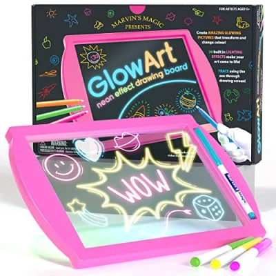 Image de Marvin&#039;s Magic Tablette à dessin lumineuse Glow Art pour enfants Comprend une planche effet néon avec un support intégré et 4 crayons magiques fluorescents Rose