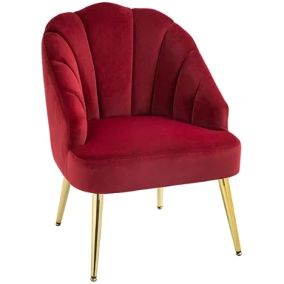 Image de HOMCOM fauteuil à dossier en coquille tapissé, de salon velours avec pieds dorés, pour chambre coucher et salon, rouge