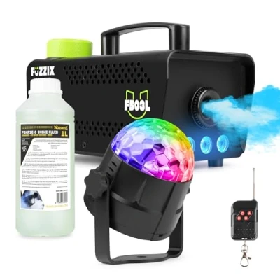 Image de Fuzzix F503L Pack Machine à Fumée LEDs 500 Watts avec Boule Disco RGB et 1L de Liquide Standard un tout en Idéal pour les Soirées la Maison, Fêtes d&#039;Anniversaires