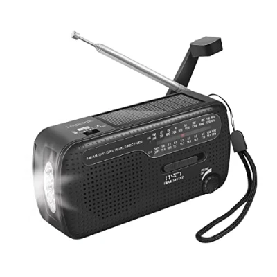 Image de Logilink Radio d&#039;urgence avec 3 options de charge : manivelle dynamo, panneau solaire et USB, lampe torche intégrée