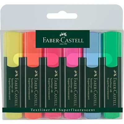 Image de Faber Castell 154806 Textmarker Set TL 48, étui de 6 pièces, couleurs néon, avec pointe biseautée durable, largeur trait 1 5 mm, rechargeable