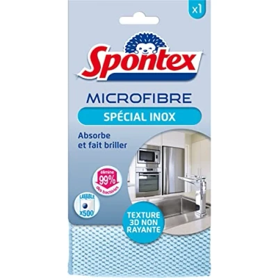 Image de SPONTEX Microfibre Spécial Inox Texture 3D non rayante Absorbe et fait briller Elimine 99% des bactéries