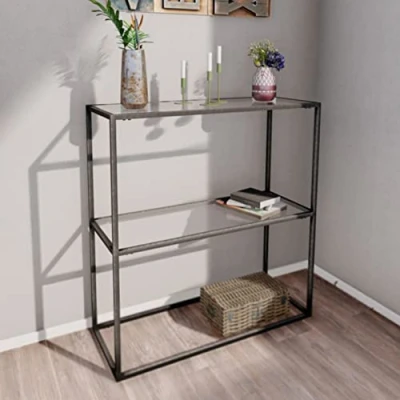 Image de [en.casa] Table Console pour Salon d&#039;Appoint Design avec Espace de Stockage Verre Trempé Métal 85 x 80 30 cm Transparent Noir