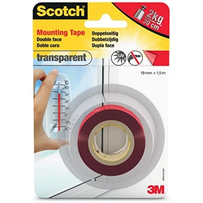 Image de Scotch Fix Ruban Adhésif Double Face, Transparent 1 Rouleau 19 mm x 1,5 m Pour Utilisation Intérieure Fixation sans Dommage Supporte jusqu&#039;à 7 kg