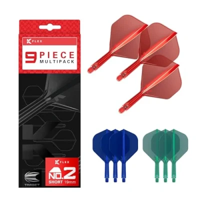 Image de Target Darts K Flex Integrated Dart Flights and Shafts, Tige Courte (19mm), No.2 Flight, Paquet de 9, Rouge, Bleu et Vert