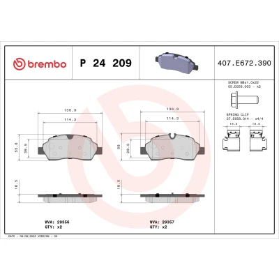 Image de BREMBO P 24 209 Jeu de plaquettes frein préparé pour indicateur d&#039;usure avec tôle anti bruit, vis d&#039;étrier sans accessoires