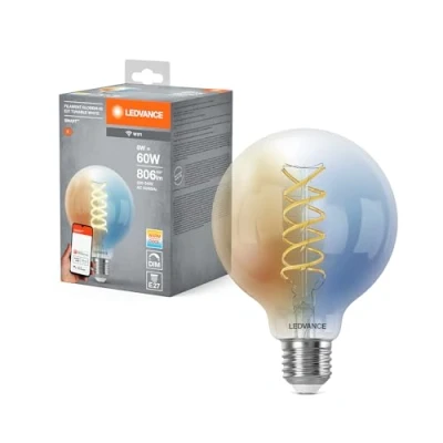 Image de Ampoule LED LEDVANCE SMART+ WIFI, transparente, 8W, 806lm, forme globe 95mm et culot E27, lumière blanche réglable (2700 6500K), dimmable, application ou commande vocale, durée de vie 15 000 heures