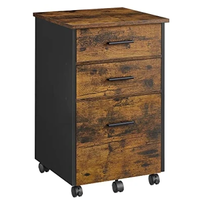 Image de VASAGLE Caisson Bureau 3 Tiroirs, avec 2 en Tissu, 1 Bois, Table de Chevet, Petit Meuble Rangement roulettes, pour Chambre, Salon, Marron Rustique et Noir OFC046B01