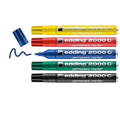 Image de edding 2000 C Marqueur permanent rouge, bleu, vert, jaune, noir étui de 5 pointe ronde 1,5 3 mm sèche vite résiste à l&#039;eau et l&#039;essuyage pour carton, plastique, bois, métal