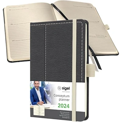 Image de SIGEL C2458 Agenda semainier 2024, motif rétro, A6, couverture rigide, gris, blanc Conceptum