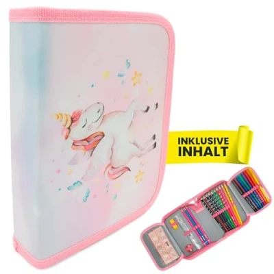 Image de itenga Trousse d&#039;écolier 28 pièces remplie 1 fermeture éclair pour garçons et filles, Motif licorne, Poche supplémentaire