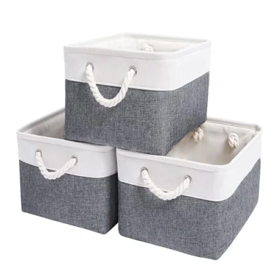 Image de Mangata Boite de Rangement Tissu Grand, Panier rectangulaire Dressing avec poignée pour Jouets, Armoire (Set of 3, Pliable, Gris Froid / Blanc)
