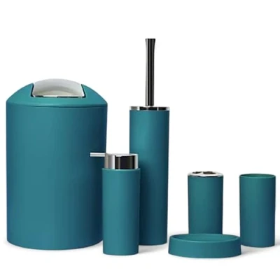 Image de GMMH Lot de 6 Accessoires Salle Bain avec Distributeur Savon et Brosse WC Motif Turquoise