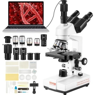 Image de VEVOR Microscope Trinoculaire Composé 40X 5000X Biologique Mise au Point Grossière et Fine de Précision avec Platine 2 Étages Interface pour Ordinateur ou Écran Externe Éducation Recherche