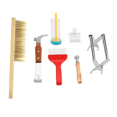 Image de Zerodis 7Pcs Apiculture Fournitures Kit Professionnel,Equipement d&#039;apiculture Durable Set Complet Abeille avec Cage de Reine Brosse d&#039;abeille Fourche à Désengager Porte Cadre pour Apiculteurs