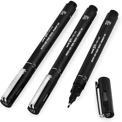 Image de uni ball PIN Lot de 3 stylos à pointe fine noire Encre résistante l&#039;eau et la décoloration Idéal pour les croquis, le scrapbooking, contour, l&#039;art, dessin technique Dans un coffret