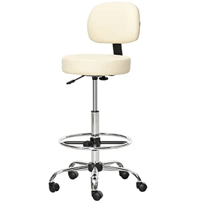 Image de HOMCOM Tabouret de Bar Chaise pivotante à Hauteur réglable avec roulettes en Similicuir Travail Bureau pivotant 360 Dossier Rembourré Beige 56 x 57
