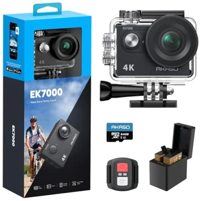 Image de AKASO EK7000 Caméra Sport 4k 30fps 20MP WiFi avec Carte Mémoire microSDXC 64 Go, Action Camera Étanche jusqu&#039;à 30M Stabilisation Grand Angle de 170 Télécommande 2.4G