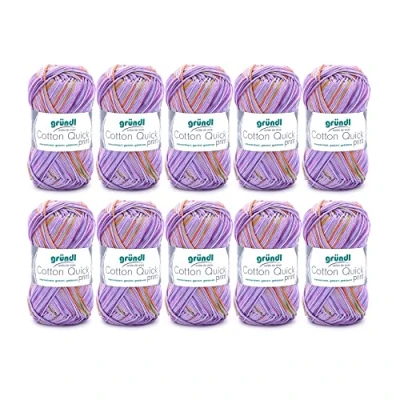 Image de Fil à tricoter/crocheter Gründl Cotton Quick Print (fil aux couleurs joyeuses 100 % coton, certifié OEKO TEX, 50 g / 125 m, grosseur d&#039;aiguilles : 3 4, 10 x g), Viola verde arancione Multicolore