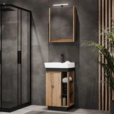 Image de Planetmöbel Nyx Ensemble de meubles salle bain 3 pièces avec meuble bas 50 x 85,9 42 cm chêne Wotan / anthracite armoire miroir 65 11,4 éclairage LED et robinet