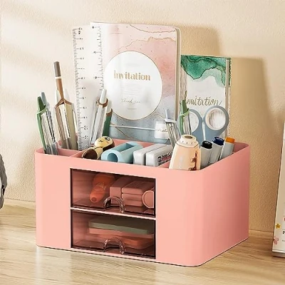 Image de Glovios Organisateur de Bureau avec Tiroir, Rangement 7 Compartiments, Multifonction Accessoire pour Stylos Maison L&#039;école (Rose)
