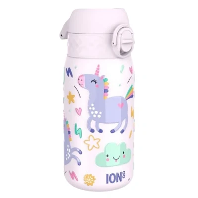 Image de Ion8 Gourde Enfant Inox 400ml, Anti Fuite, Facile à Ouvrir, Verrouillage Sécurisé, Lavable au Lave Vaisselle, Poignée de Transport, Nettoyer, Durable, Acier Inoxydable, Motif Licorne