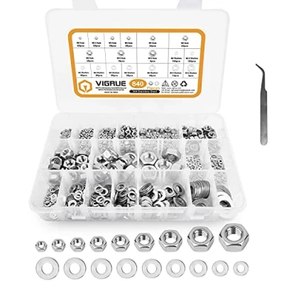 Image de VIGRUE Lot de 840 écrous hexagonaux DIN 934 en acier inoxydable avec rondelles plates M2 M2,5 M3 M4 M5 M6 M8 M10 M12 dans une boîte rangement