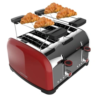 Image de Cecotec Grille pain vertical Toastin&#039; time 1700 Double Red, W, fente courte et large de 3,8 cm, Varillas Supérieures, Acier Inoxydable, Arrêt Popup Automatiques, Bac à miettes