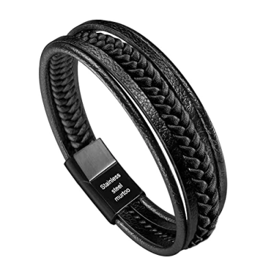 Image de murtoo Bracelet Homme Cuir Véritable et Acier Inoxydable pour Les Hommes(Noir sans Joint magnetique,19)