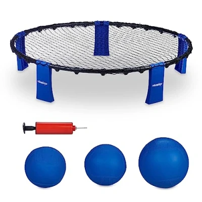 Image de Relaxdays Kit de roundnet Complet, avec 3 balles, Pompe, Filet &amp; Sac Rangement, Jeu d&#039;extérieur, Noir/Bleu