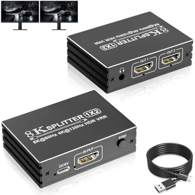 Image de Splitter HDMI 2.1 8K @ 60 Hz 1 entrée 2 Sorties, 1x2 répartiteur vers prenant en Charge Source écrans, 4K Double moniteurs HDR VRR pour Xbox PS5/4/3 Roku TV