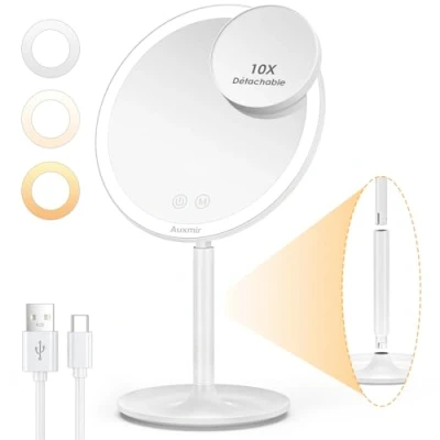 Image de Auxmir Miroir Maquillage Lumineux, avec Mini Grossissant x10 Amovible, 3 Modes Lumière Réglables, Cosmétique à Bijoux sur Pied, USB Rechargeable, de Table Tactile