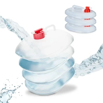 Image de Relaxdays Jerricans carrés pliants en Lot de 4, Contenant à Eau, Robinet, sans BPA, 5 litres, Rouge/Transparent