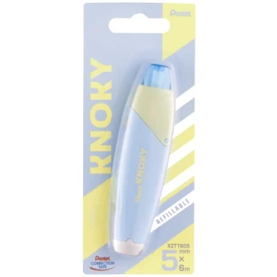 Image de Pentel Correction tape Knoky XZTT805S WY Ruban correcteur rétractable par bouton poussoir et rechargeable, bande 5 mm x 6 m, corps pastel bleu ciel + jaune