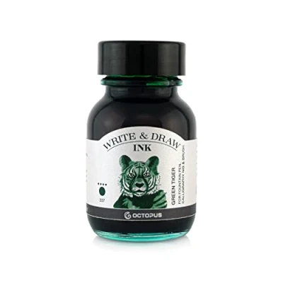 Image de Octopus Write and Draw Ink 337 Green Tiger, encre imperméable pour écrire et dessiner, de calligraphie, dessin résistante à la lumière stylo plume, en verre, pinceau, 50 ml