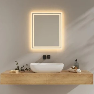 Image de EMKE Miroir Salle de Bain avec Éclairage, 50x60 cm, Anti Buée, 2 Températures Couleur (Blanc Chaud/Blanc Froid), Interrupteur à Bascule, Horizontale/Verticale, LED，IP44