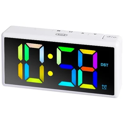 Image de Trevi EC 886 Réveil numérique avec Grand écran LED Multicolore, Sonnerie électronique, Fonction Snooze et gradateur, Prise USB pour Recharge appareils, Blanc