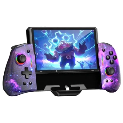 Image de NexiGo Hall Effect Gripcon (Pas de dérive, Pas Zone Morte) avec Joystick à détection pour Switch/Switch OLED, Lumière RGB réglable, Gyro 6 Axes, Turbo, Mappage (Cosmic Nebula)