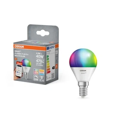 Image de OSRAM Lampe LED SMART+ Matter P40 mini boule 4,9 W E14 RGBW, intensité variable, contrôlable via application et voix, compatible avec Alexa, Google, Apple, WiFi