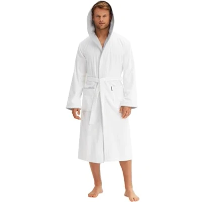 Image de Morgenstern Peignoir de Bain Homme Coton avec Capuche Taille M Bleu 2 Poches et Ceinture Doux, Absorbant Confort,M,Blanc