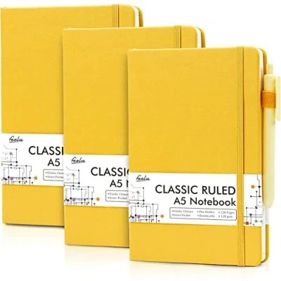 Image de feela Lot de 3 Carnet Notes A5 avec Stylos Noirs, Ligné Classique à Couverture Rigide, Cuir Porte Stylo pour Travail et Prise Notes, 128 Pages, 120 gsm, Jaune